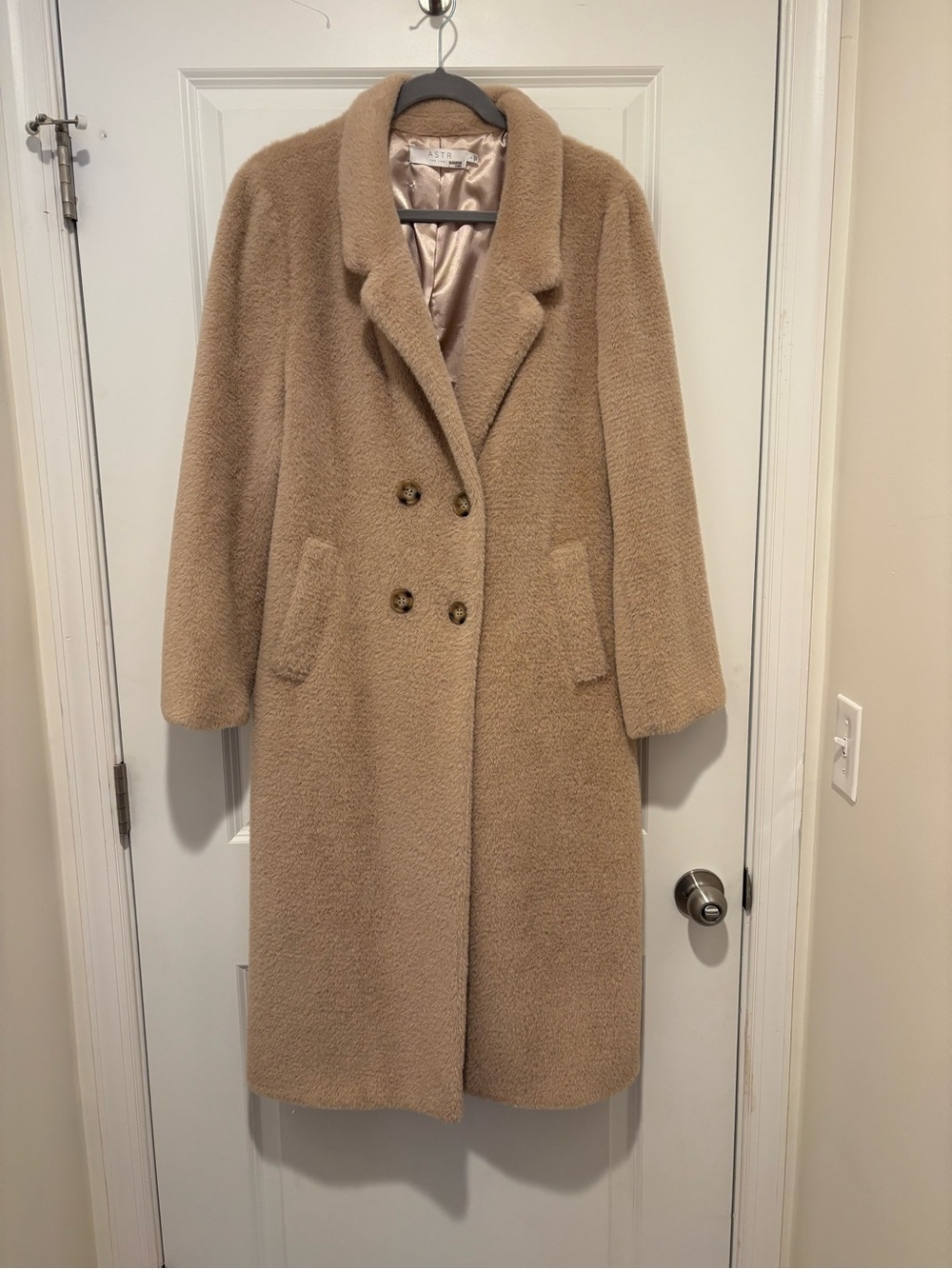 Astr Double-Breasted Teddy Trench Coat in Camel